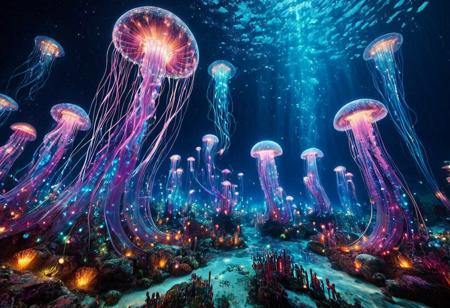 masterpiece, best quality, ultra-detailed, vivid lighting, wide-angle underwater shot. A vast, dreamlike marine world glowing with vibrant, bioluminescent light. The ocean floor is teeming with life — coral towers and waving sea anemones in radiant purples, pinks, blues, and greens, each pulsing softly like underwater lanterns. Enormous jellyfish drift slowly through the water, their translucent bodies trailing long luminous tendrils. Schools of small fish swim in coordinated patterns, their scales reflecting the colored light like polished glass. Gigantic deep-sea creatures hover silently in the distance, casting shimmering shadows over the reef. The bioluminescent sources — fish, flora, and mysterious deep-sea entities — are the only illumination, painting the scene with brilliant, surreal hues. The water is crystal clear, filled with glowing particles in constant motion, giving the impression of drifting stardust. Mood: awe-inspiring, enchanted, full of movement and life.