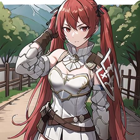 (cowboy shot:1.4), (village background), best perspective, consistent style, masterpiece,best_quality,hires,high_resolution,<lora:selenaBetaV3:0.7>,(selena_fe, bright red_hair, twintails,slim_body,1girl), >:|, (armor, shoulder_armor, white long_sleeves:1.2)