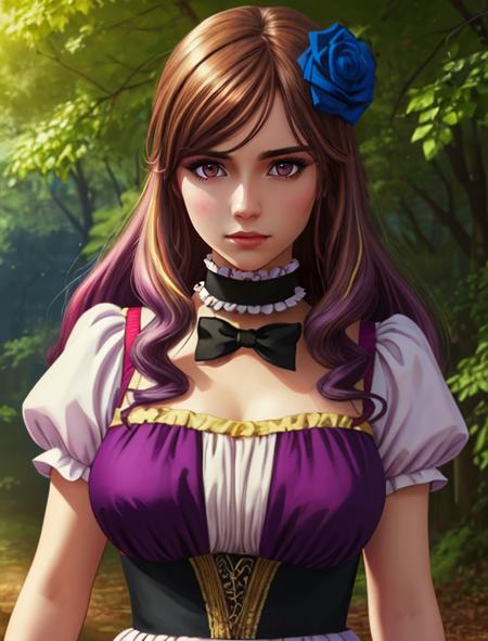 best quality, masterpiece, highres, detailed, digital artwork, <lora:Detail - add_detail:0.2>, QuelleSellier, two-tone hair, brown hair, purple hair, brown eyes, head flower,  blue rose, <lora:Character - QuelleSellier:0.6>, camp, large breasts, black frilled choker, upper body,