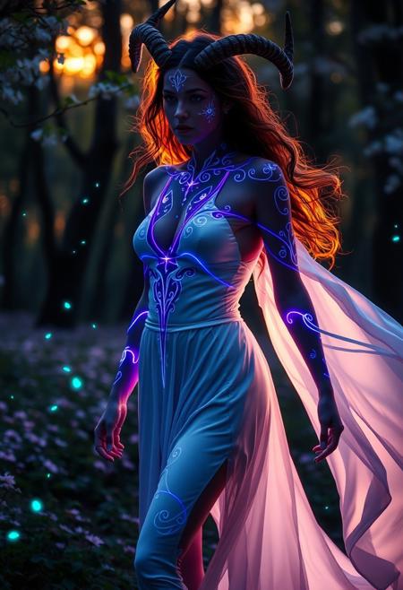 close-up portrait of A beautiful seductive female satyr woman, walking gracefully through a beautiful flowering forest at dawn. Her skin is covered in luminescent glowing violet runes forming decorative swirls and flourishes, and she wears a long flowing silky white glowing dress. around her are particles of turquoise light, drifting gently around her body. Midjourney_Whisper