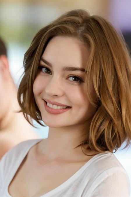 Photo of beautiful m4rym00dy woman, detailed face, (blurred background)+, in a party, smiling, white tshirt