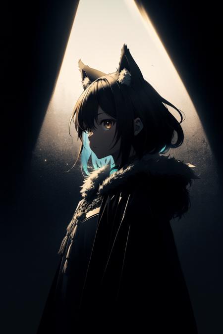 anime, masterpiece, best quality, (dark theme:1.2), (neon light, high contrast:1.2), hdr, (chiaroscuro:1.3), (aqua), 1girl, solo, neon poncho with tassels, (gold trim), diamonds, animal ear fluff, scenery, octans, (dark art:1.18), deep shadow, (white outlines:1.18)