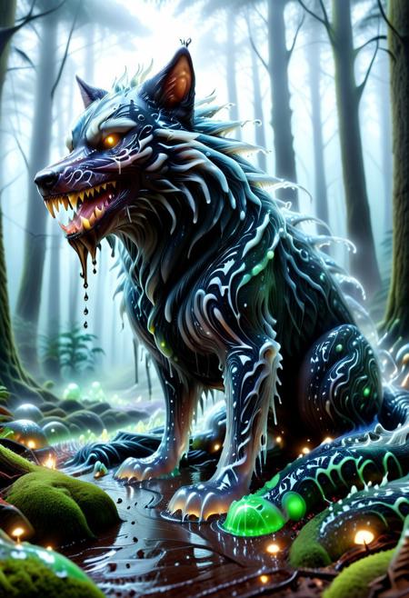 a hyper-realistic venom slime wolf, its obsidian-black skin dripping with thick, viscous liquid, tendrils of living darkness slithering along its muscular form, piercing silver eyes glowing in the mist, saliva-like tendrils stretching between its sharp fangs, deep forest background with bioluminescent mushrooms casting eerie light, soft fog rolling between ancient twisted trees, ultra-detailed fur-like slime textures, hyper-real reflections on the wet ground, cinematic lighting, surreal realism, motion blur on droplets
