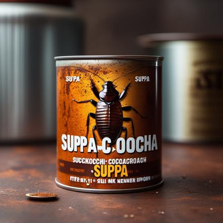 cinematic photo metal can of soup, cockroach looking at mutatant|cockroach depicted on can etiquette, with big text "SUPA" and small text "SUPA COCROCHA", on kitchen table, simple background, pbr texture, grit, stains, rust <lora:Grit-SDXL:1.5> . 35mm photograph, film, bokeh, professional, 4k, highly detailed