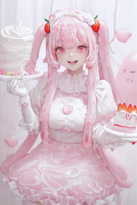 parameters,(sticky mellow slime musume:1.5) , (pink and white skin:1.5) , (sticky mellow slime musume:1.5) , (pink and white skin:1.5) ,liquid, many wet, masterpiece, best quality,((solo)), (pink and white skin:1.3) ,(cake, cream, strawberry:1.5) , young girl ,melt girl, A pink and white slime girl, on the ground , (((pink and white skirt))) , magical girl , intricate details clothes, gorgeous, hair bow, strawberry_on_head, pink and white slime face, (:D) ,(happy:1.15) , colored skin, monster girl, pink and white skin , pink eyes, twin Tails ,white hair , (fringe:1.2), (bangs:1.35) , shiny hair, big breasts ,,/////,(cake, cream, strawberry:1.3) ,