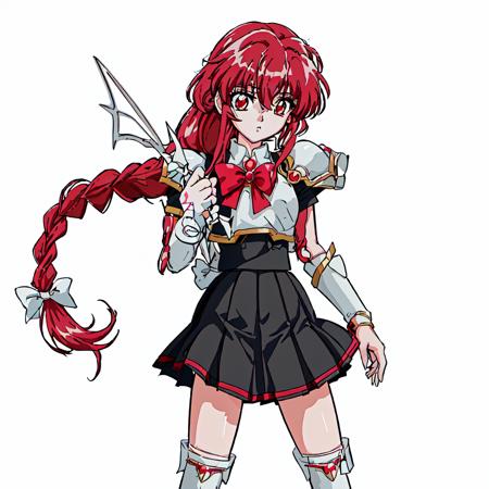 Magic_Knight_Rayearth, 1girl, solo, long hair, red eyes, white bow, school uniform, red hair, pleated skirt, single braid, knee boots,black skirt,white boots,white armor