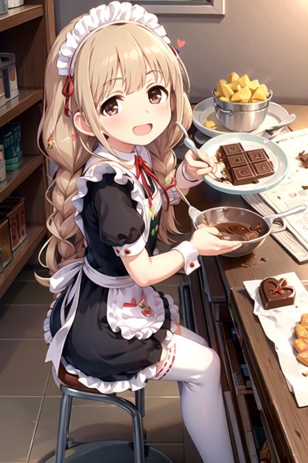 <lora:AnzuFutaba-09:0.7>, ankimo, looking at viewer, smile, open mouth, thighhighs, braid, heart, food, apron, twin braids, white thighhighs, wrist cuffs, maid, maid headdress, candy, maid apron, chocolate, valentine, enmaided, food on face, kitchen, whisk, mixing bowl