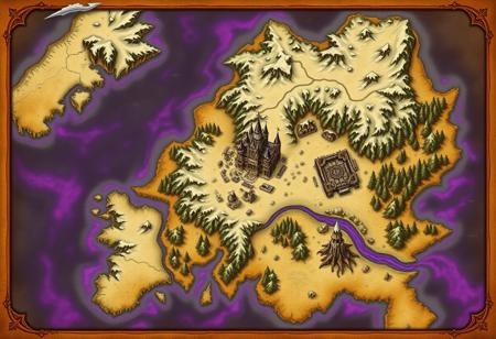 fantasy world map, one continent, snowy north, sandy south, forested east, middle castle. in the style of an old map, parchment. purple water, glowing edges, demonic. fjords