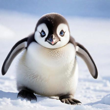 Emperor penguin chick in snowy landscape, intense glowing eyes,