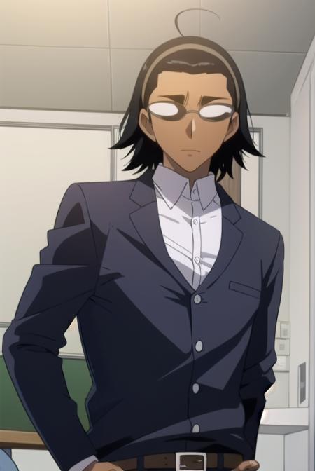 kenjiharima, <lora:kenji harima s2-lora-nochekaiser:1>,
kenji harima, black hair, male focus, glasses, dark skin, dark-skinned male hair band, ahoge,
BREAK school uniform, belt, shirt, white shirt, collared shirt, long sleeves, pants, black pants,
BREAK indoors, classroom,
BREAK looking at viewer, (cowboy shot:1.5),
BREAK <lyco:GoodHands-beta2:1>, (masterpiece:1.2), best quality, high resolution, unity 8k wallpaper, (illustration:0.8), (beautiful detailed eyes:1.6), extremely detailed face, perfect lighting, extremely detailed CG, (perfect hands, perfect anatomy),