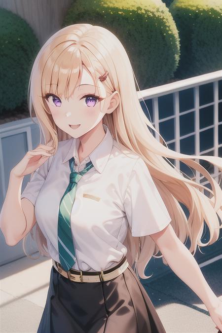 Saki, 1girl, blonde hair, hairpin, long hair, smiling, walking around the park, green tie, white shirt, black skirt, beige belted sweater, purple eyes, (school uniform), (masterpiece, the best picture, the most detail picture), bright  colors, 