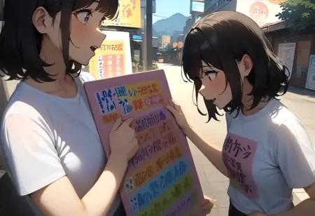 Two people hold the board. SDXL