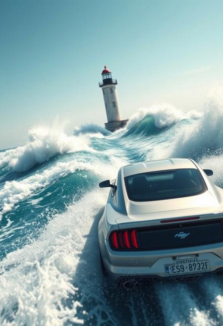 silver perl color ford mustang surfing on huge ocean waves, sunny weather,  water splashes, silver perl color ford mustang sport drifting on waves around a lighthouse in the middle of the sea, view from back of the car