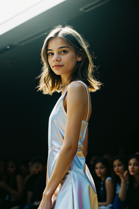 AnnaMariaPrydatko, glamour photograph, supermodel, wearing (postmodern colorful high-fashion architectural structural dress:1.2), walking on the ramp at fashion show, subtle dim lighting, intricate detailed face (rendered glossy eyes), perfectly composed, upper body, intricate details, serious look, ((black background)), pose, modelshoot, RAW, analog, Nikon 75mm f1.2,  <lora:add_detail:0.55> <lora:FilmVelvia3:0.55>