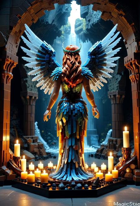 masterpiece, best quality, amazing quality, very aesthetic, realistic, fisheye lens:0.7,  (depth of field), LEGO, LEGO stalactites, 
Dark room, candles, cave walls made of crystal and translucent LEGO, scenery made of roots and LEGO, fantasy \(theme\), (side view:1.4), 
Statue of winged woman, visible face,  made of LEGO, dynamic pose,
open arms, arched back, open hands, bent wings made of LEGO plumes, (wings from the back),  greek ((long)) flowing toga, (((sfw))), one foot behind,
(no people in the background),
