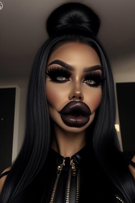 Full body picture, perfect face, model face, oral invitation,kissing face, platform boots, gotich, albatross art style,touching lips, Poking lips, long nails, goth, goth clothes, goth makeup, seductive, sadistic, sadistic smile,
SWOLLEN LIPS, 
(detailed hair, smooth skin, oiled skin, shiny skin, mature:1.1), (makeup, contour, skindentation), (black skin:1.1), hair over one eye, plump lips, bimbo, bimbo lips, thick hair, very long hair, jesica rabbit hair, dark lipstick, dark eyeshadow, black lipstick, (black lips:1.3),
uncensored, NSFW, realistic
 <lora:Botox_lips:0.6>