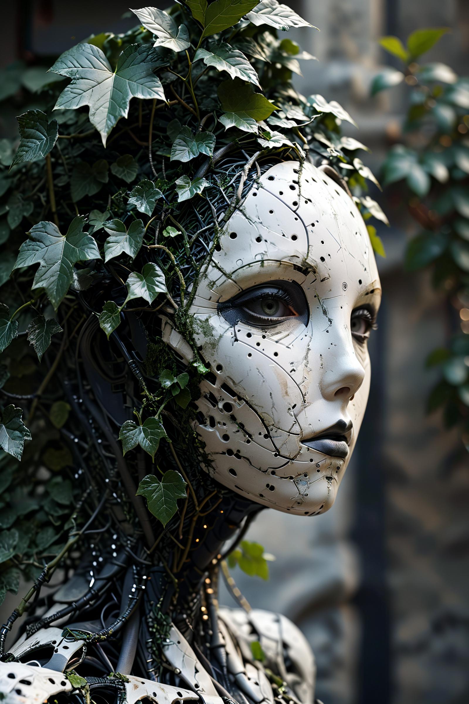A sculpture of a human face with a plant growing out of it.