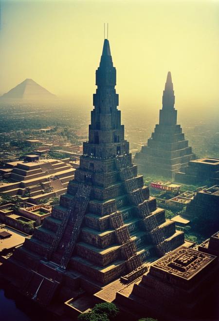 (flux-style)Hyoer Realistic:2.0)Polaroid picture 
an image of 
An ultra-realistic cityscape of Tenochtitlan in modern times, with vibrant colors and sharp details. The shot is framed from a high angle, showcasing the sprawling metropolis built on an island surrounded by Lake Texcoco. Sunlight casts warm golden hues over towering pyramids integrated with contemporary architecture. Montezuma II stands proudly atop a grand temple, wearing traditional regalia. Streets bustle with activity as people move about in both ancient Aztec attire and modern clothing. Water canals weave through the city, lined with lush greenery and colorful markets. Keywords: Tenochtitlan, Montezuma II, realism, cityscape, Lake Texcoco, modern, Aztec civilization.
BREAK High Morning, metropolis, (Cyberpunk future theme, tall energy towers :1.17)