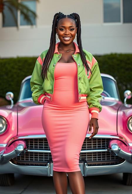 full body shot gorgeous light brown skinned woman with 2 dreadlock pigtails, standing in front of a 1957 pink Cadillac. She is wearing a cropped apple green lettermen's jacket with salmon pink trim and a salmon pink bodycon dress. She wears apple green heels. Her huge breasts has nipples that poke out. She has thick thighs and a fat ass. Huge smile showing a gap toothed smile. insanely detailed| intricate detail| ornate| cinematic lighting| ultra realistic 8k