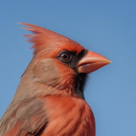 very realistic close-up photography of the head of a cardinal bird, blue sky background with cirrus clouds and slightly hidden sun
