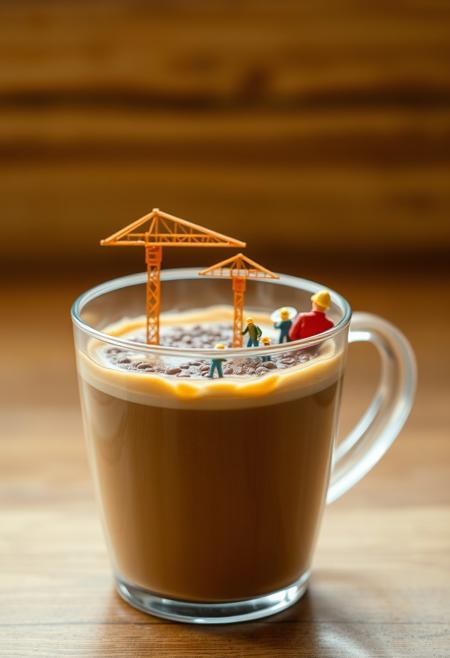 a realistic 4k photo of transparent plastic cup of full of coffee where miniature crowds of construction workers building hazel nut cream bridge