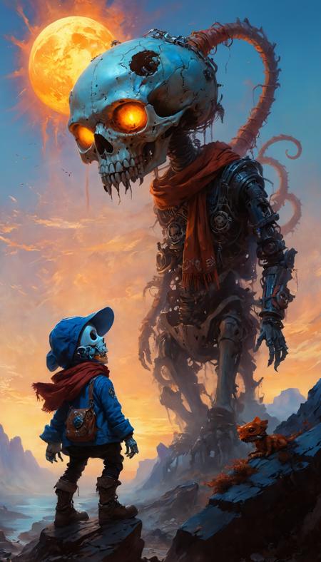 This image depicts a fantastical scene with a large, skeletal creature that resembles a humanoid skull with glowing eyes. The creature has a long, flowing red scarf around its neck and is adorned with various mechanical and decorative elements. The creature is standing on a rocky outcropping with a small, human-like figure, who appears to be a child, standing in front of it.