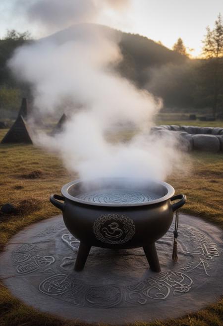 A dragon-shaped cloud of fog rising from a cauldron, surrounded by mystical runes carved into the ground
   Composition: Framing (cauldron), Leading Lines (runes leading to the fog)  
   Lighting: Backlighting from an eerie glow beneath the cauldron, soft light for fog detail  
   Depth: Shallow depth of field to focus on the swirling dragon fog,aidmaHalloweenBoost