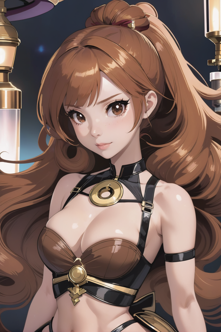 anime style, 1girl, woman, full body, standing, musician, deep ginger hair, French Roll, (full body:0.5), [:revealing costume design:0.2], bombshell hair, brown hair, twin drills,Perm, hourglass figure, small breasts, (asian:1.3)<lora:EnvyThiccXL02:1>