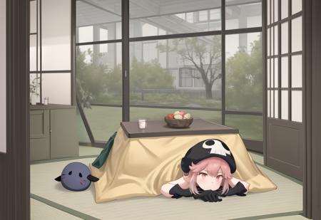 masterpiece, best quality, kotatsu, indoors, table, window, cosy, calm, rest, 1girl, ((under kotatsu)),  <lora:kotatsu-20:0.8>, <lora:jakuzure_nonon-20:0.8>, jakuzure nonon, black soft hat,  holster, black gloves,utility belt,shoulder holster