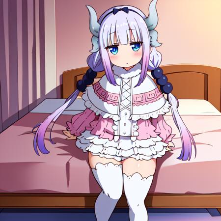 1girl, kanna, blue_eyes, solo, dragon_horns, dragon_girl, full body, kannakamui, long hair, twintails, hair ornament, hairband, low twintails, looking at viewer, tail, hair beads, thighhighs, beads, white thighhighs, capelet, bangs, blush, detailed background,