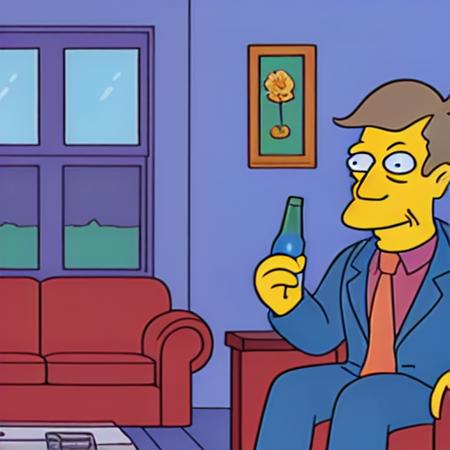 Animated still of Skinner sitting down on a couch drinking a bottle of beer,  <lora:Steamed_Hams_V0.1:0.6>, cartoon, 2d, gun, interior, window