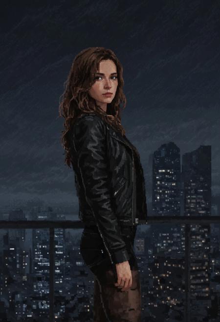 Pixel Art 8-bit style of A medium shot of a young woman with long, wavy brown hair, wearing a black leather jacket, black shorts, and black tights, standing in front of a view of a cityscape. The sky is filled with dark, ominous clouds, creating a dramatic atmosphere. PXLART