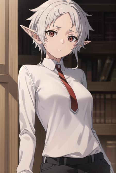 sylphy, <lora:sylphys2-lora-nochekaiser:1>, 
sylphy, short hair, ahoge, white hair, pointy ears, (red eyes:1.5), elf,
BREAK long sleeves, boots, pants, uniform, shirt, (white shirt:1.5),
BREAK indoors, library,
BREAK looking at viewer, (cowboy shot:1.5), 
BREAK <lyco:GoodHands-beta2:1>, (masterpiece:1.2), best quality, high resolution, unity 8k wallpaper, (illustration:0.8), (beautiful detailed eyes:1.6), extremely detailed face, perfect lighting, extremely detailed CG, (perfect hands, perfect anatomy),