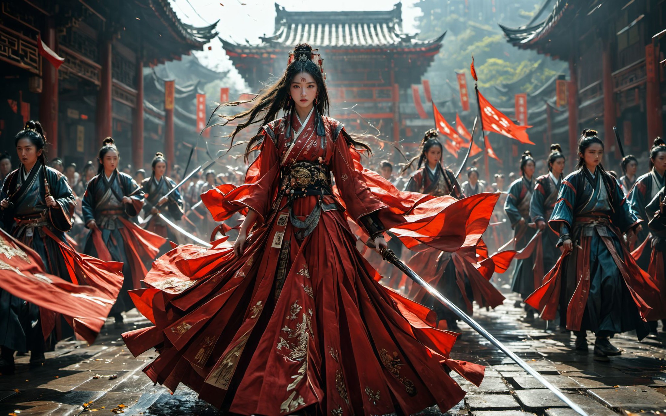 XUER martial arts style,1girl,red hanfu,long hair,black hair,holding,standing,weapon,multiple boys,solo focus,holding swor...