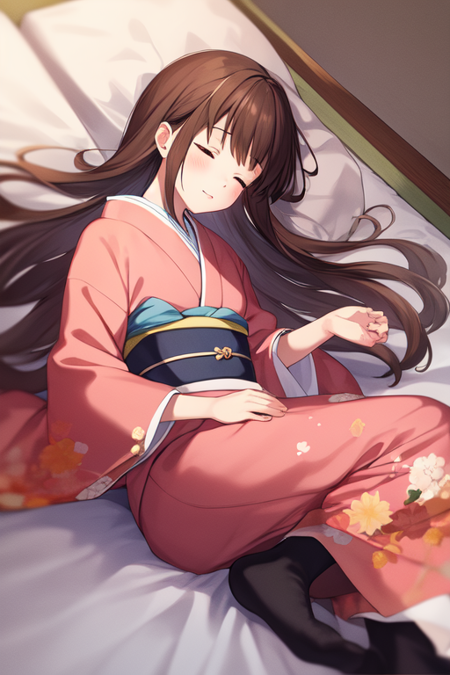 hondatohru, 1girl, solo, sleeping, kimono