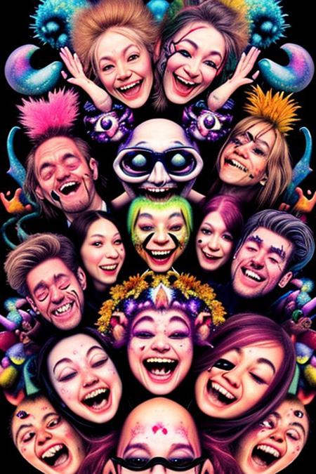 (360 panorama, 3D stereoscopic:1.1), (extremely detailed:1.2), weird, (hyper-realistic:1.2), cute insanely happy (crazy acid:1.1) cult leader, perfect delicate freak faces, overwhelmingly happy grinning smiles, real high on drugs, trippy, very detailed, chaotic, LSD party scene