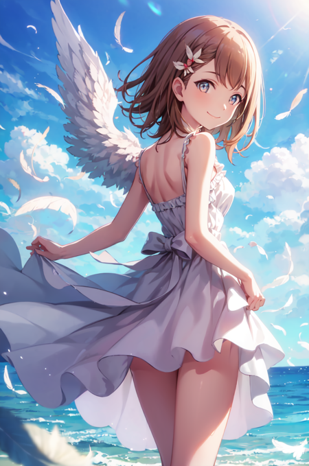 minori3rd, looking at viewer, smile, dress, bow, ribbon, bare shoulders, closed mouth, standing, hair bow, outdoors, frills, wings, sky, sleeveless, day, looking back, cloud, hand up, from behind, shiny hair, blue sky, bare arms, dutch angle, bare legs, floating hair, sleeveless dress, feet out of frame, short dress, sunlight, frilled dress, cloudy sky, feathers, light smile, hand on own chest, feathered wings, light particles, lens flare, backlighting, light blush, angel wings, light rays, white wings, horizon, dot nose, back bow, waist bow, diffraction spikes, white feathers