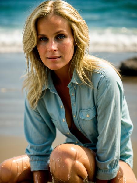 Realistic photo of a beautiful b0d3r3k woman,1girl, solo, (((blonde hair))), black shirt, long sleeves, sitting, water, wet, kneeling, unbuttoned, soft lighting, professional Photography, Photorealistic, detailed, RAW, analog, sharp focus, 8k, HD, DSLR, high quality, Fujifilm XT3, film grain, award winning, masterpiece<lora:b0d3r3k:1.0>