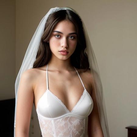 safe_pos, Brown-haired bride in white lingerie. Green emerald eyes. Net veil and white straps. Lustful look