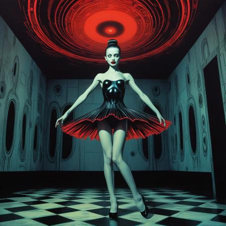 Surrealism. Spaceship, Close up, Beautiful, cute, short, very skinny ballerina dancing in a spacious room, Inspired by H.R. Giger and Zdzisław Beksiński. Pop art colors and her luminous skin. Bold, graphic shadows twist and writhe around her. Vibrant crimson lips seem to pulse with an otherworldly energy. Deep, ominous darkness surrounds her, punctuated by flashes of bright, surreal color. Haunting charm and eerie feeling emanate from her gaze. pop art colors, bold graphics, Roy Lichtenstein, H.R. Giger, Zdzisław Beksiński, surrealism,