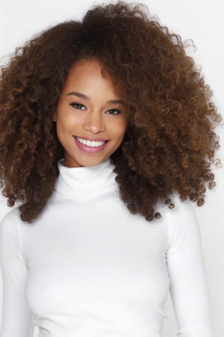 Photo of c3c1l14l10n woman, smiling, white turtleneck blouse