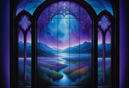 impressionist, detailed, masterpiece, dynamic, powerful, breathtaking, vibrant, oil-painted window scene with misty rain and fractal patterns, set against a backdrop of dramatic, blue-purple hues and softbox lighting, evoking a dreamlike, otherworldly atmosphere