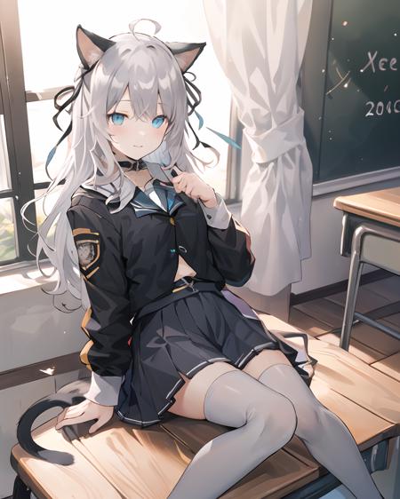 arknights_mint,long hair,(white legwear:1.1),(school uniform:1.4),grey hair,blue eyes,  cat girl, hair ribbon, (black ribbon:1.3), bangs,ahoge,room,