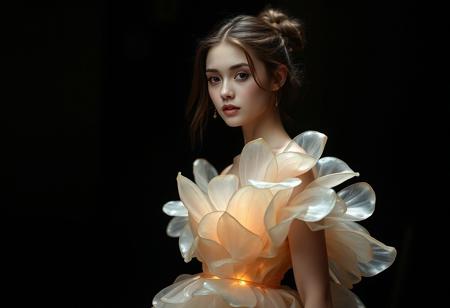 A young woman standing in a darkened room, adorned with an elaborate gown made of shimmering, translucent petals. The outfit is highly detailed with soft curves and a glowing aura. Her expression is gentle yet intense, and the lighting focuses on her figure while the background fades into shadow.