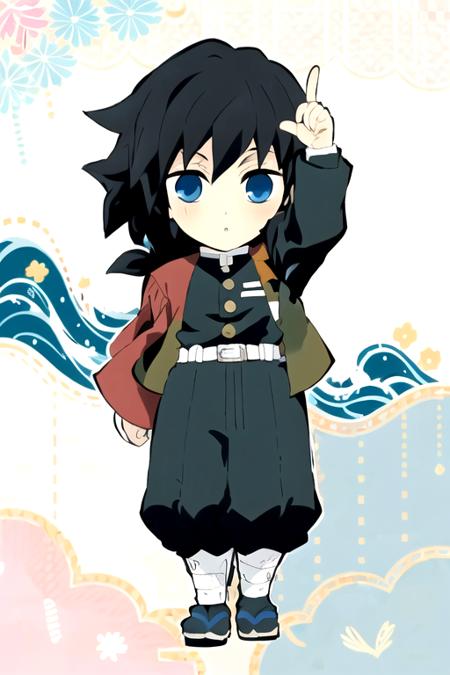 tomioka giyuu, 1boy, male focus, solo, black hair, blue eyes, demon slayer uniform, closed mouth, pants, jacket, long sleeves, japanese clothes, ponytail, bangs, standing, arm up, egasumi, long hair, black pants, black jacket, full body, wide sleeves, low ponytail, haori, white belt, belt, puffy pants, hair between eyes, zouri, pointing, open clothes, tabi, belt buckle, socks, sandals, blue background, water drop, waves,  <lora:KnY_ChibiV2:1>