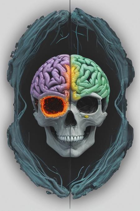 A man drowning inside his own mind. FRONT VIEW. Subliminal messaging, Horror, neon-colored brain scan aesthetic on white background. the figure of a skull is seen inside the brain scan. Psychedelic brain scan. Horror, Vibrant, glowing neural pathways Abstract, futuristic aesthetic. Style mimics bioluminescence art. Sharp contrast between vivid colors and deep black background. realistic rendering of brain lobe. Conveys sense of brain death, cognitive decline, and mental degradation. Sharp jagged teeth. Horror theme.
