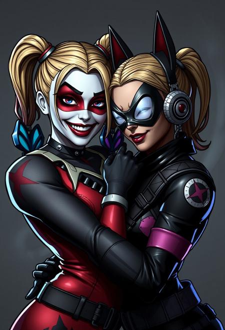 score_9, score_8_up, score_7_up, 4K, UHD
(((Borderlands video game style shading)))
Intricate Details, Amazing Quality, 
Harley Quinn, Catwoman, bestfriends