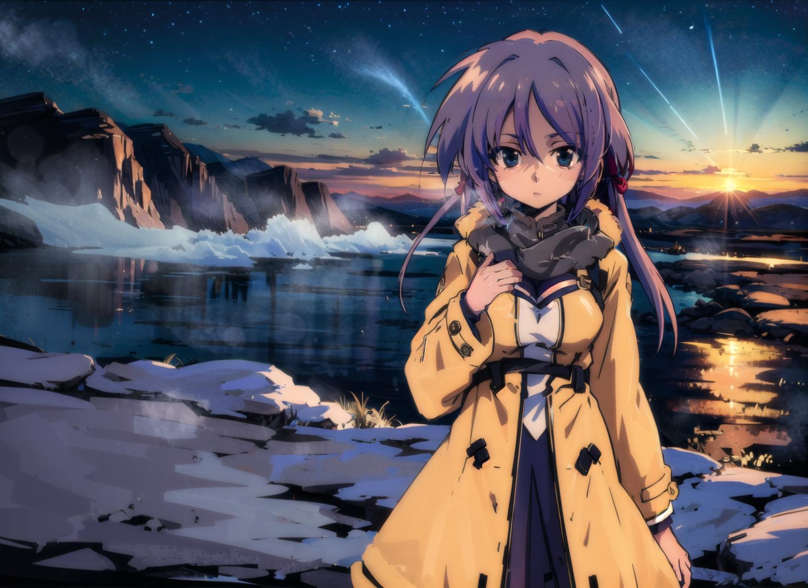 anime girl, (petite:1.3), looking at viewer,  night sky, bay, sunset, coat, snow, large breasts, fog, masterpiece, best qu...