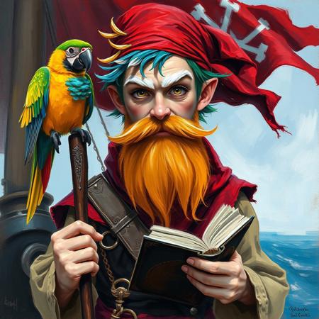 Oil painting rendered in a loose, impressionistic style with thick, expressive brush strokes. Full body portrait of a young pirate wizard. His outfit is a mish mash of wizard-like and pirate clothes. He wears a red bandana and has a long ginger beard. He has big white eyebrows. His hair is a mixture of colors: blue, red, yellow, green. He holds a book and a wizard's staff. The background shows a pirate ship with a pirate flag. On his shoulder sits a colorful parrot.