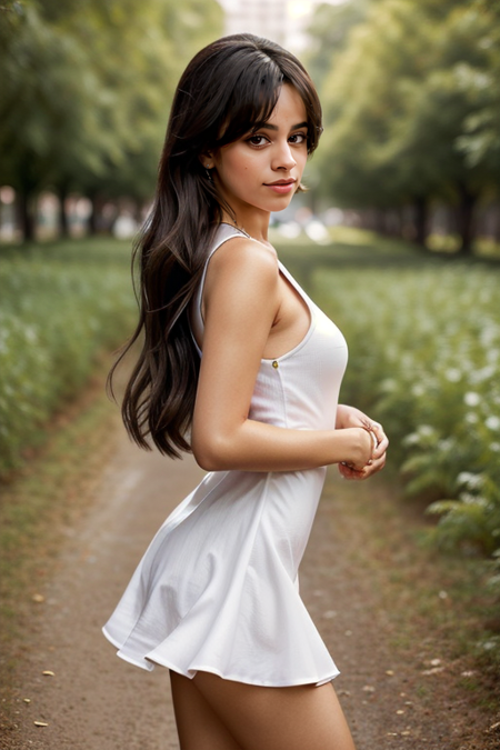 CamilaCabello, photography by (Mario Testino:1.3), modelshoot, pose, standing, upper body, ((dress)), forest